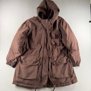 New York Style Brown Hooded Parka Coat Quilted Lined Utility Winter Jacket